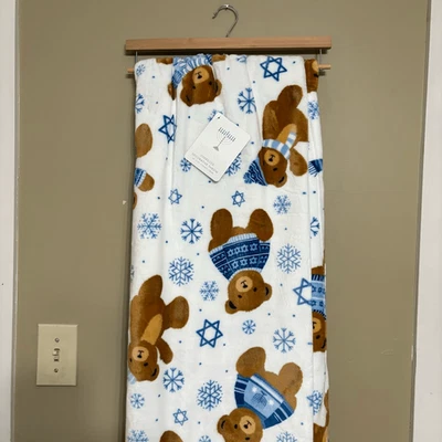Festive Lights Hanukkah Teddy Bear Fleece Throw Blanket Blue White Snowflake NWT - Image 1 of 4