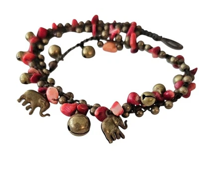 Dije de elefante con campanas de latón, pulsera tobillera con cadena de pie con cuentas de coral Foto 1 de 4