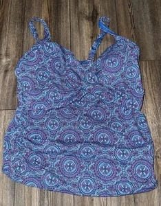 Lands End 18W DD Bügel V-Ausschnitt Tankini Oberteil abnehmbare Polster rosa blau - Bild 1 von 5