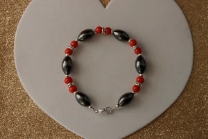 BEAUTIFUL BRACELET WITH HIMOTITE & RED CORAL WITH DIOMANTINO 8" INCHES LONG IN B - Picture 1 of 7