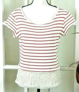 Maison Jules T-Shirt Top Women's Medium Red White Stripe Lace Ruffle Cottagecore - Picture 1 of 8