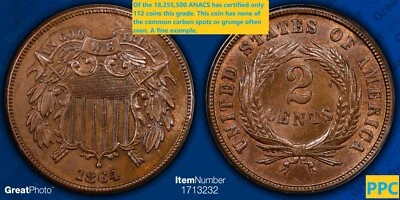 MS63 BN- 1864 Two-Cent Piece Large Motto-ANACS has certified only 112 this grade - Image 1 of 3