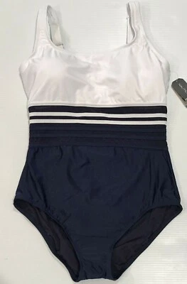 Nautica Plus Size Slimming One Piece Swimsuit Navy & White Mesh Inlay 18 - Image 1 of 4