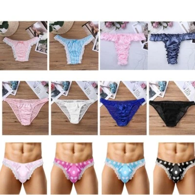 Sissy Men Briefs Panties Shiny Satin G-string Lace Mesh Underpants T-back Thong