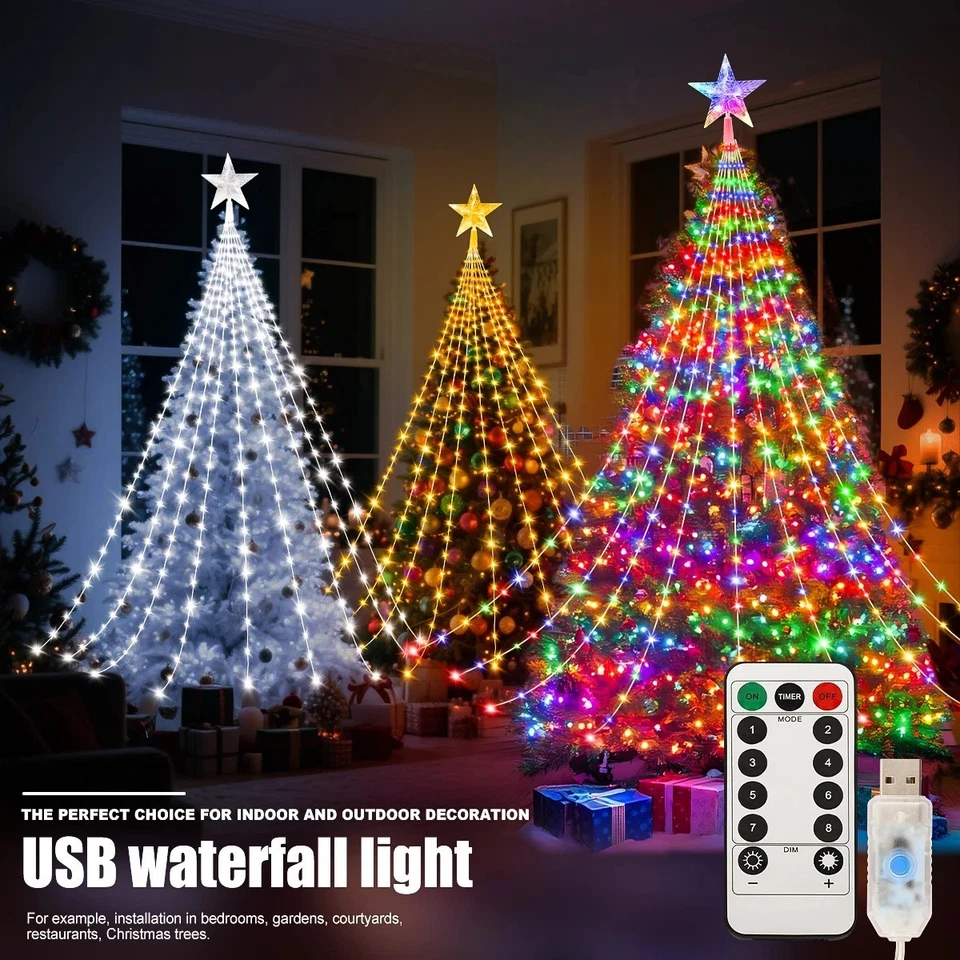 282 LED Christmas Tree Waterfall Lights  for Indoor Outdoor USB Powered 8 Modes - Image 1 of 4