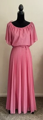 Maxi Vestido Boho Vintage Años 70 Novias Por Shirley Rosa Polvorienta Plisado Talla S Foto 1 de 4