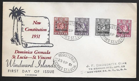 ST. LUCIA 1951 CONSTITUTION SET S.G. 167-70 ON FDC WITH CACHET REGISTERED TO N.Y Cover