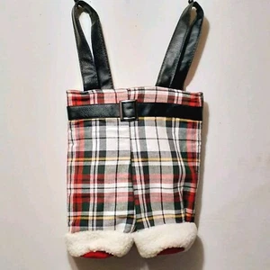 Pottery Barn Santa Claus 2 Double Bottle Bag Carrier Red Black Plaid Pants Lined - Picture 1 of 7