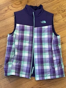 North Face Vest Girls XL 18 Purple Green Plaid Puffer Packable Youth Adult Large - Picture 1 of 6