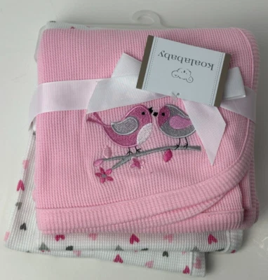 Difícil de encontrar Nuevo con etiquetas Koala Bebé Rosa Pájaros y Corazones Blancos Térmicos Tejido Waffle Juego de Manta Foto 1 de 4