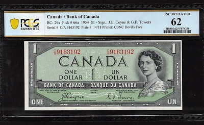 1954 DEVIL'S FACE $1.00 BC-29a BCS UNC 62 Gorgeous SCARCE Canada QEII DF Dollar - Image 1 of 2