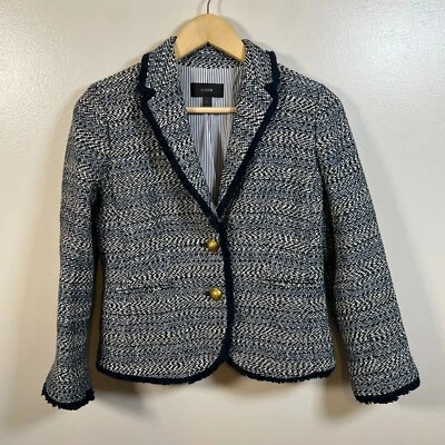 J. Crew 女士夹克外套 2 码蓝色粗花呢条纹装饰学院风职业 — 第 1/4 张图片