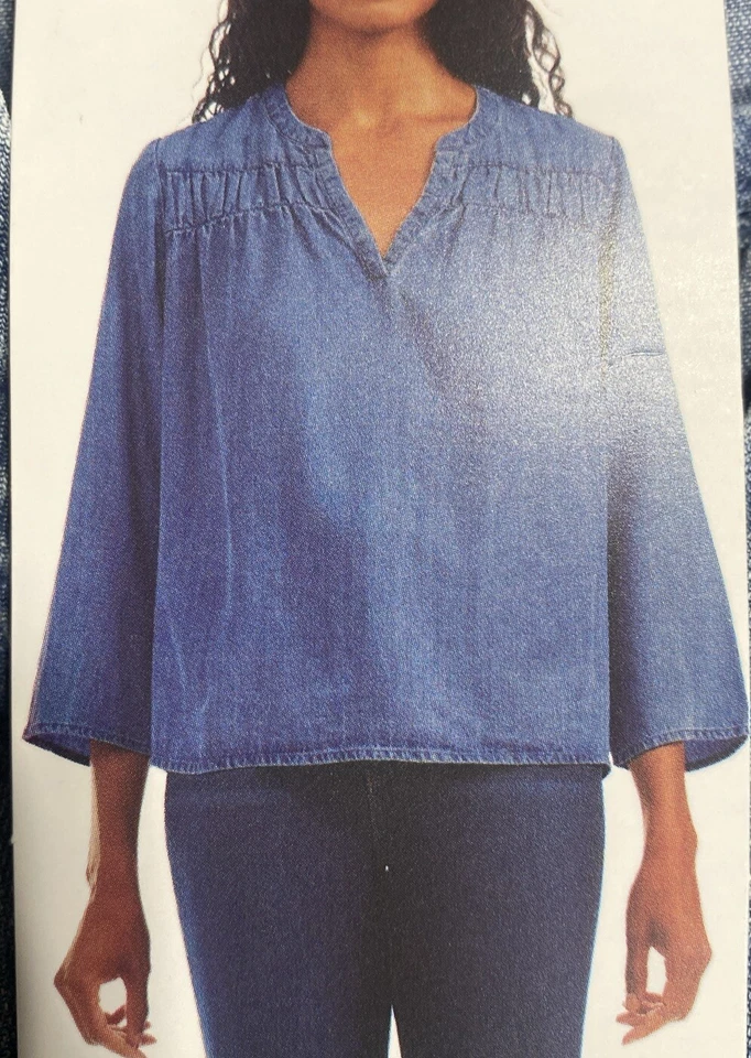 Splendid Blouse Adult XLarge Denim Like Lyocell Blue 3/4 Sleeve V-Neck - 036