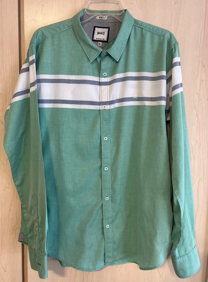 BASICS Men's SLIM FIT Button Down Shirt Size XL X-Large Striped Green Blue - Image 1 of 4