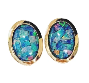 Vintage 14k Fire Opal Doublet Inlay Mosaic Post Stud Earrings. - Picture 1 of 10