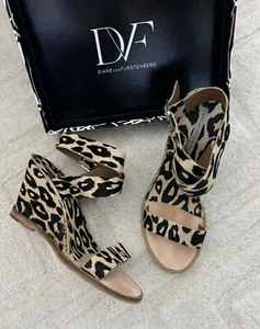DIANE VON FURSTENBURG -DENE Leopard Pony Calf Hair Wedge Women’s Sandals - Picture 1 of 10