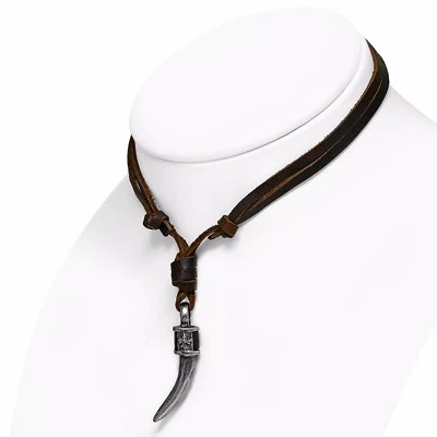 Collar Fleur De Lis Cruz Cuerno de la Suerte Cuero Marrón Ajustable 16"-31" Diente Foto 1 de 2