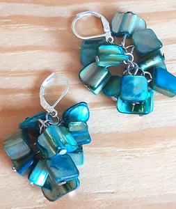 DARK AQUA SHELL NUGGET Cluster dangle earring SP LEVERBACK artisan XWP17 - Picture 1 of 5