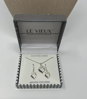 Pendientes Collar Le Vieux Chapado en Plata Pura Corazones Swarovski Marcasita 18" Foto 1 de 4