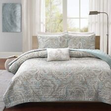 4 Piece Cotton Taupe Blue Quilt Coverlet Set | King - Cal King size
