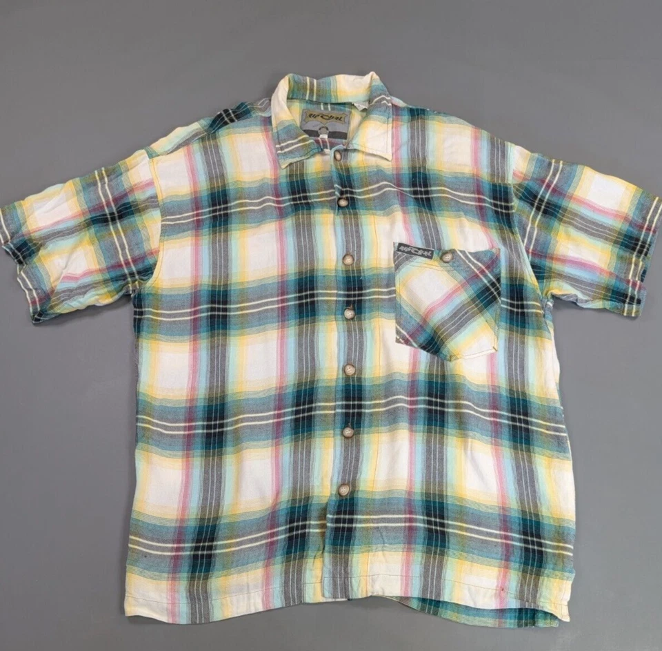 Rip Curl Y2K Button Up Shirt Mens Extra Large Green Check Plaid Ryon Strech - Image 1 of 4