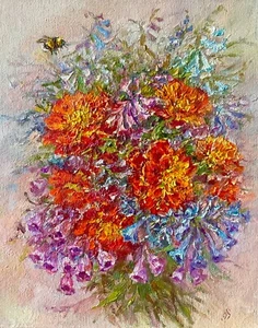 Ringelblumen Wildblumen Gemälde Original Öl Kunstwerk 10x7,8 in so - Bild 1 von 6