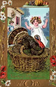 POSTKARTE THANKSGIVING SÜSSES KLEINES MÄDCHEN & TÜRKEI IN EINEM KORB GEPRÄGT - Bild 1 von 2