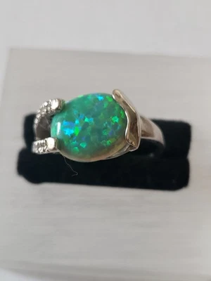 925er Silber Ring ovaler Edelopal Irisch Grün Zirkonia  Silberschmuck SET - Bild 1 von 4