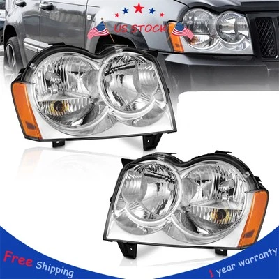 Pair Headlights Chrome Lamps LH+RH For Jeep Grand Cherokee 4-Door 2005-2007 - Image 1 of 4