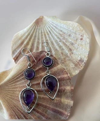 Pendientes Artesanales de Piedras Preciosas de Amatista - Chapados en Plata 925 - Nuevos Foto 1 de 2