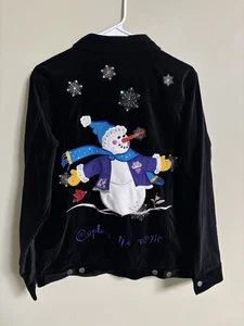 Quacker Factory Holiday Jacket Black Velvet Snowman Embellished Size Small Snow - Picture 1 of 7