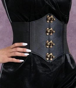 New Black Gothic Medieval PU Leather Bronze Latch Hook Elastic Belt XL 36" - 48" - Picture 1 of 6