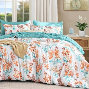 Coral Comforter Set Queen Size-7 Pieces Floral Comforter Bed in A Bag,Botanic... - Picture 1 of 7