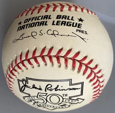 Balón de béisbol Jackie Robinson 1997 50 aniversario de la Liga Nacional MLB sin firmar Foto 1 de 4