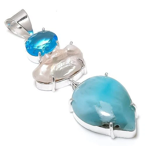 Larimar Biwa Pearl Blue Topaz Gemstone Silver Plated Pendant Jewelry 2" - Изображение 1 из 1
