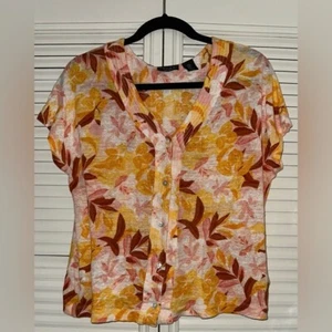 Tahari 100% Linen Floral Tropical Mother Of Pearl Button Shirt Size M - Picture 1 of 7