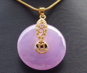Purple Jade Circle Gold Plated Imitation Diamond Coin Flower Pendant Necklace - Picture 1 of 6