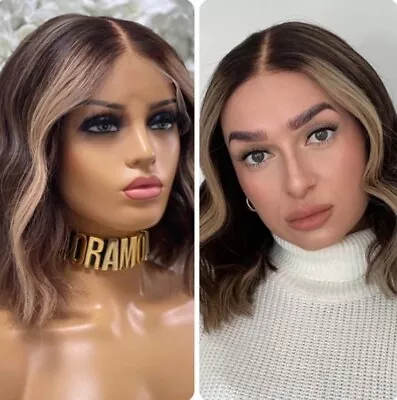 Short Wave Bob Wigs Human Hair Ombre Blonde Brown Lace Frontal Wig - Image 1 of 4
