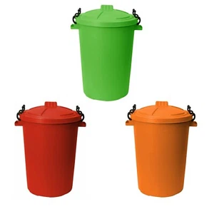 3 x Kunststoff 50 Liter Mülleimer Schwerlast Verschlussdeckel, Limettengrün, Rot & Orange - Bild 1 von 12