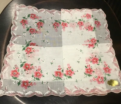 Винтажный розовый / розовый листья цветочный носовой платок зубчатые края 16» #142A - Изображение 1 из 4