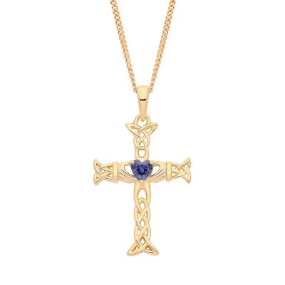 9ct Gold on Silver simulated Tanzanite Celtic Irish CLADDAGH Cross Pendant - Image 1 of 4