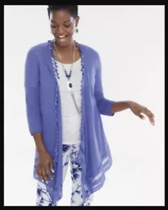 NUEVO NUEVO CON ETIQUETAS Chico's Cárdigan Suéter Mezcla de Lino Talla 1 Azul Borlas Mediano $99 - Imagen 1 de 10