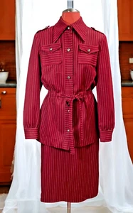 VTG 70s Julie Miller red pin striped knit skirt suit belted jacket mod hipster M - Picture 1 of 8