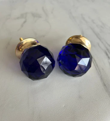 Vintage Crystal Ball Royal Blue Glass Knob Handle Pull For Drawer Door 2PCS - Image 1 of 4