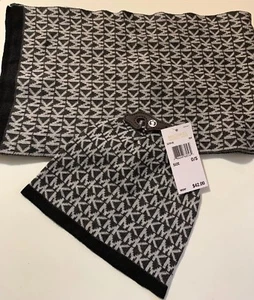 ¡NUEVO CON ETIQUETAS! JUEGO DE $100/Bufanda/bufanda con logotipo de la firma de Michael Kors negro y plateado/RARO - Imagen 1 de 7