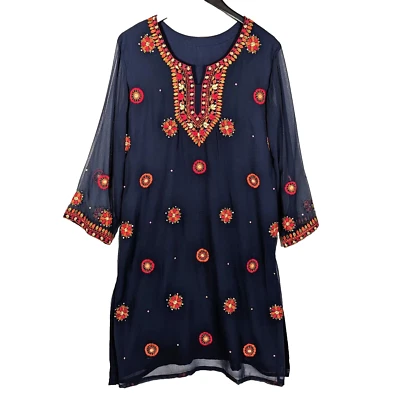 Vestido midi vintage hecho a mano caftán campesino boho talla mediana azul marino transparente Kurta Foto 1 de 4