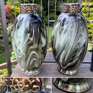 V. RARE 13” Antique C1880 Pair LOETZ Green Marbled ONYX Glass VASES Cased Enamel - Picture 1 of 24