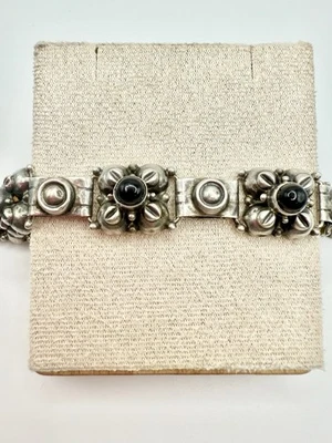 Pulseira Vintage Diaz Santoyo Prata Esterlina e Ônix Preto Estampada CJB México - Imagem 1 de 4