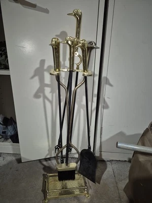 Vintage Brass & Wrought Iron Duck Head Fireplace Utensils/Tool Set w/ Stand - Image 1 of 4
