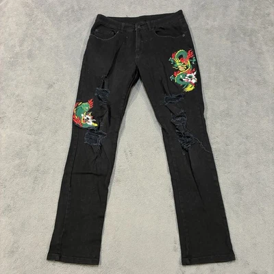 Pantalones de mezclilla rasgados bordados dragón envejecido negro Y&R para hombre talla 33 Foto 1 de 4
